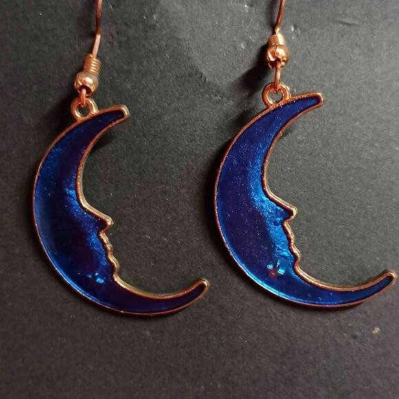 Handmade Midnight Blue "Man in the Moon" Resin Dangle Earrings- Glittery 2" Drop - Picture 3 of 3